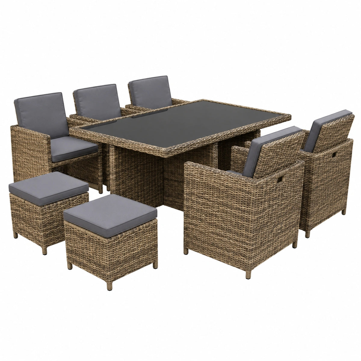 Gartenmöbel – gepolstert, aus Rattan und Aluminium, Grau und Schwarz