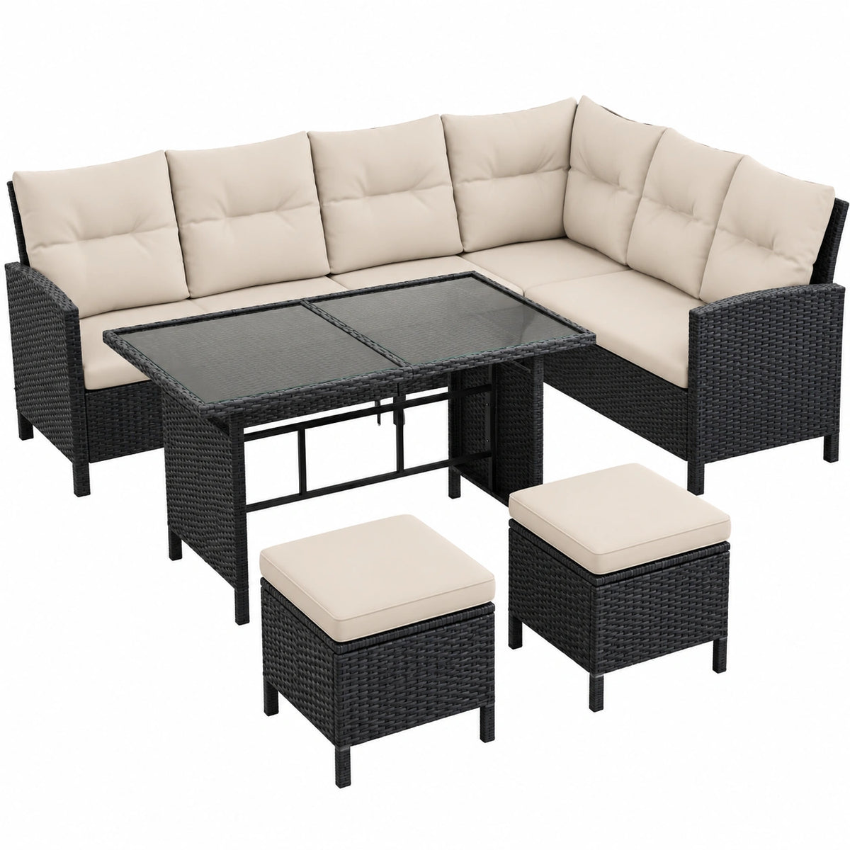 Ecksofa – aus Rattan, Schwarz und Beige, für Garten, Terrasse und Balkon