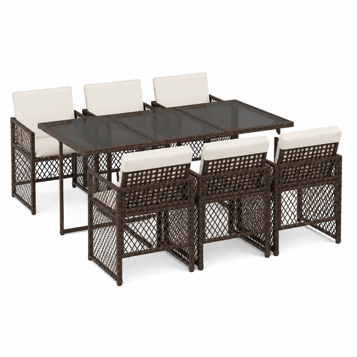 Essgruppe – 7-teilig, aus Rattan, Braun, für Garten und Terrasse