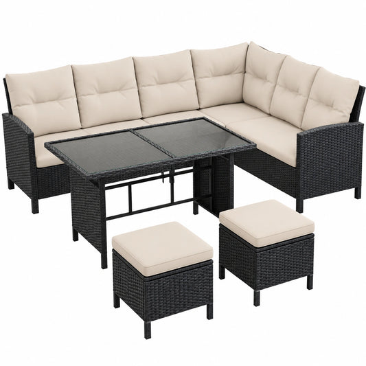 Ecksofa – aus Rattan, Schwarz und Beige, für Garten, Terrasse und Balkon