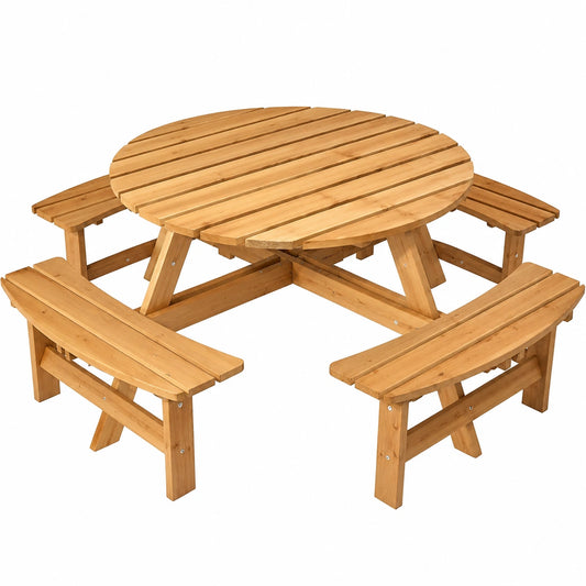 Tisch – für 8 Personen, runde Form, aus Holz, für Garten und Terrasse