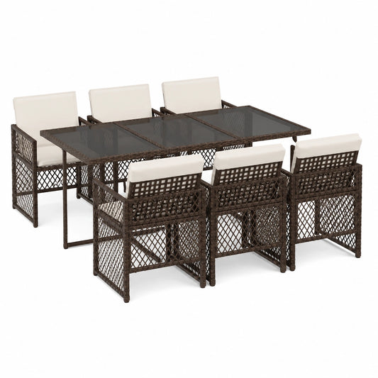 Essgruppe – 7-teilig, aus Rattan, Braun, für Garten und Terrasse